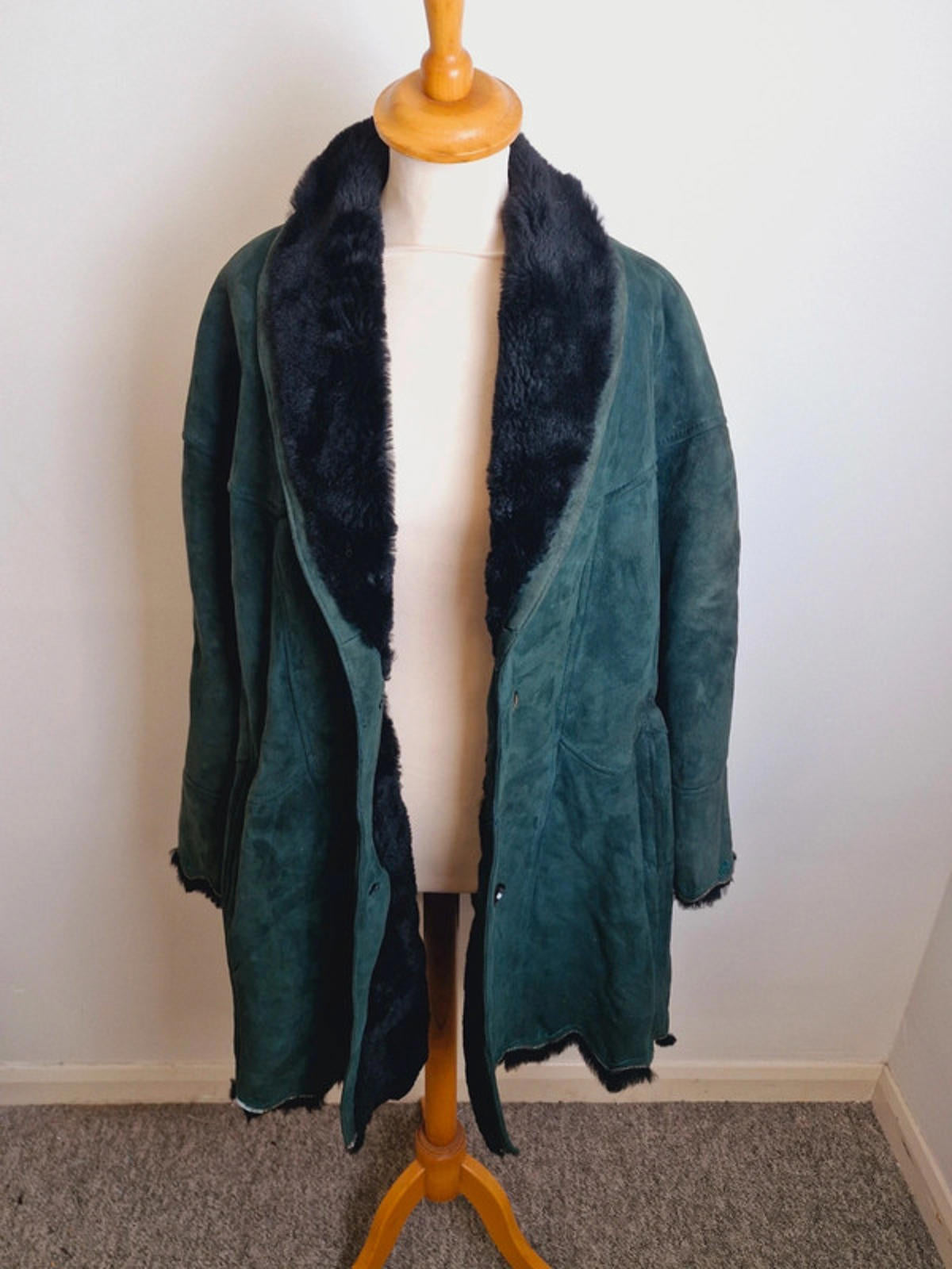 Womens Vintage Green Suede Sheepskin Shearling Coat Jacket Embroidered L UK16