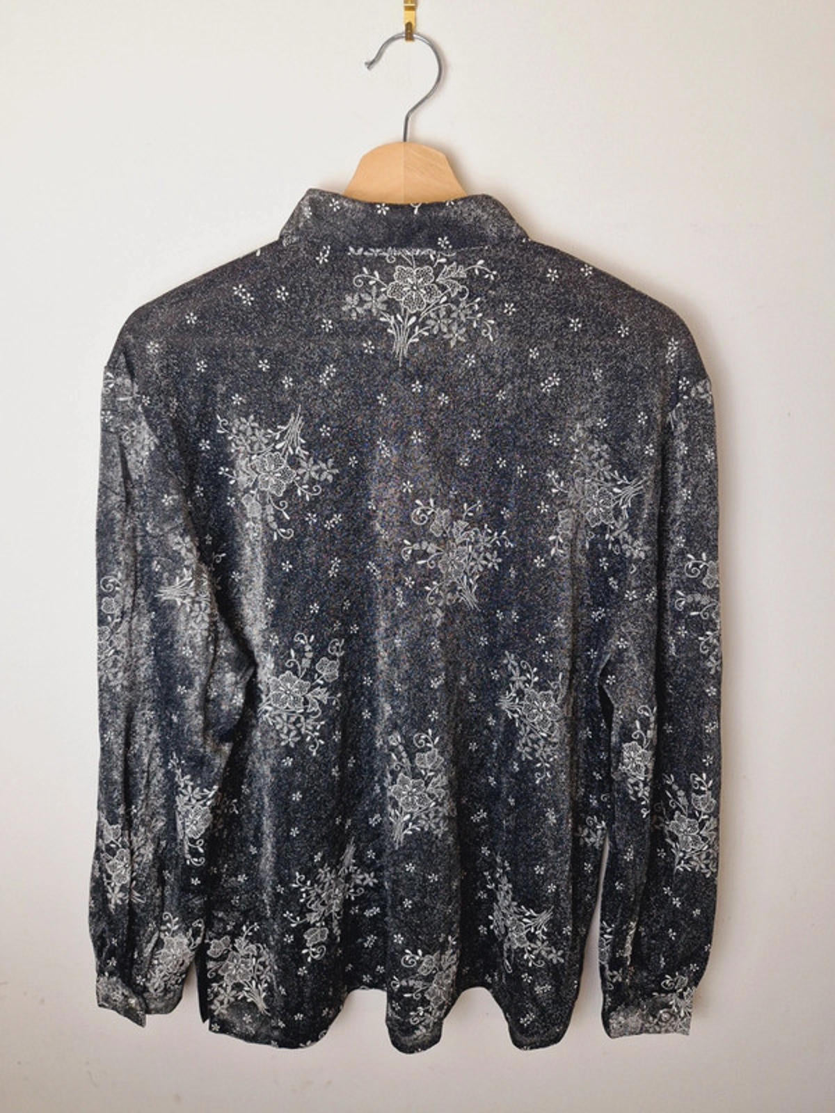 Womens Vintage Long Sleeve Metallic Silver Shirt Top Blouse L