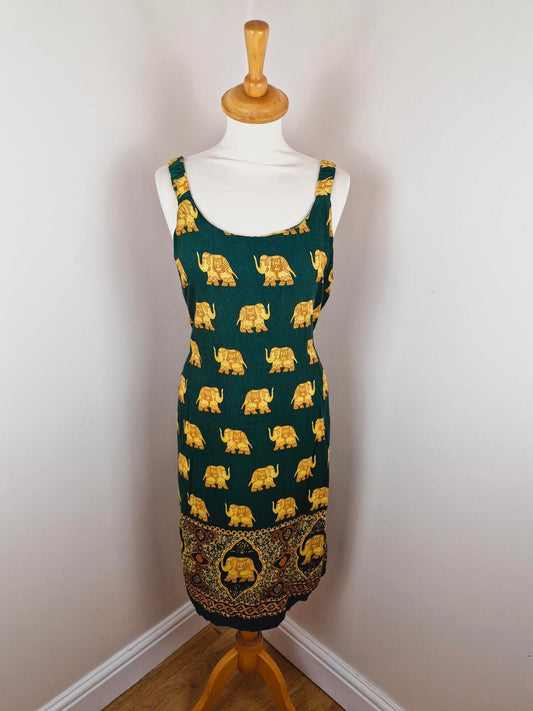 Womens Vintage 90s Green Elephant Slip Dress Yellow M
