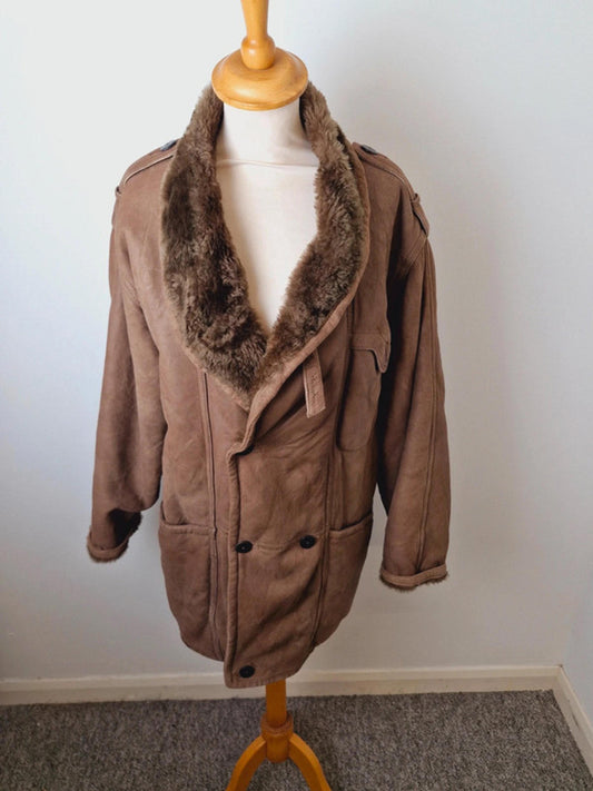 Mens Vintage Leather Suede Sheepskin Shearling Coat Jacket M