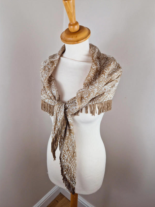 Fringed Beige Triangle Scarf Shawl