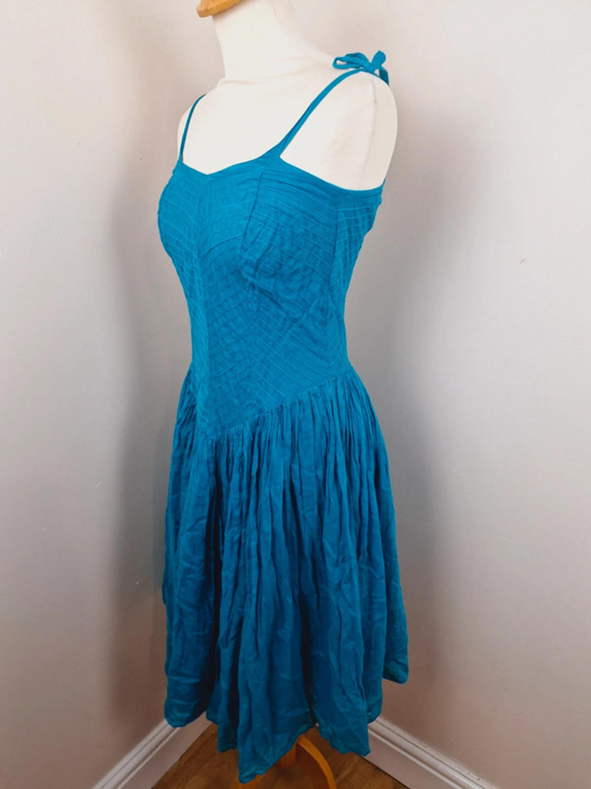 Womens Vintage 1970s 70s Indian Cotton Strappy Boho Turquoise Dress XS
