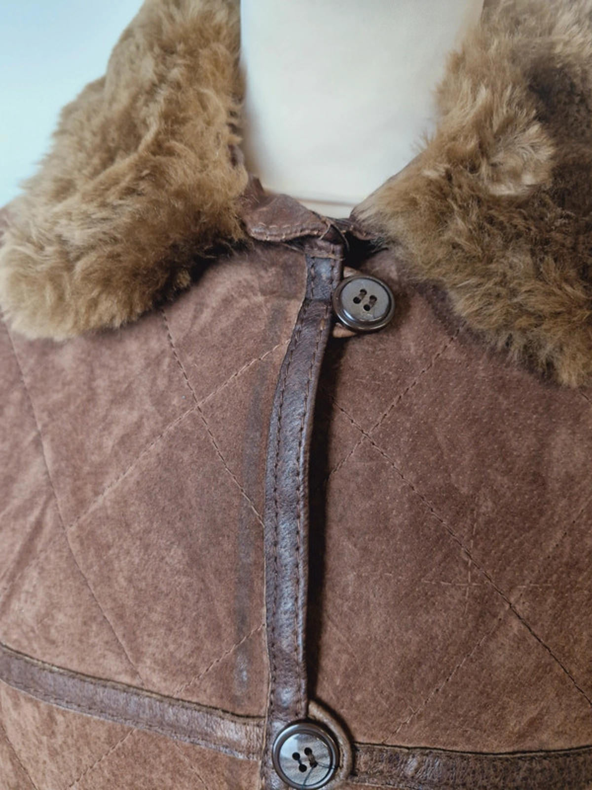 Womens Vintage Suede Leather Brown Quilted Jacket Coat M