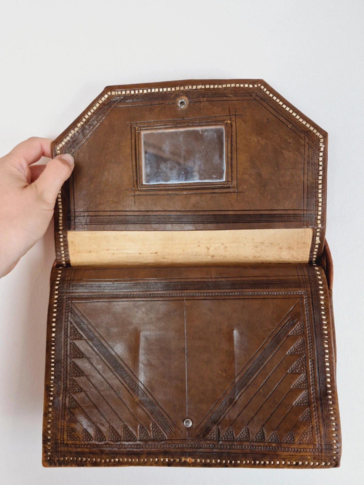 Womens Vintage 1950s 50s Leather Tooled Handbag Bag Unusual