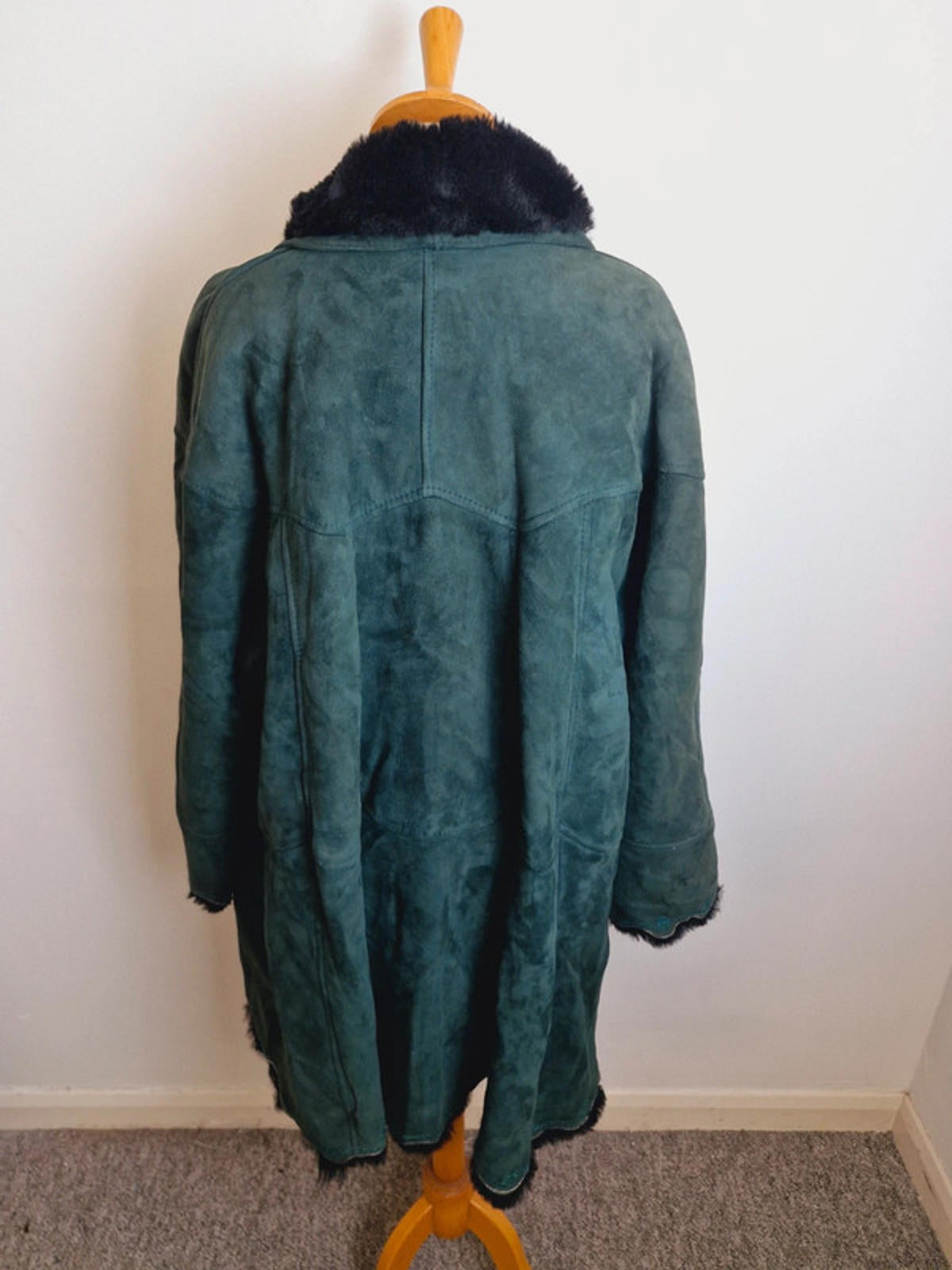 Womens Vintage Green Suede Sheepskin Shearling Coat Jacket Embroidered L UK16
