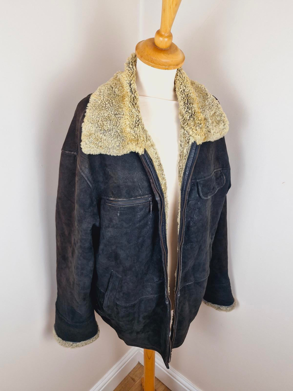 Mens Black Sheepskin Bomber Jacket XXL