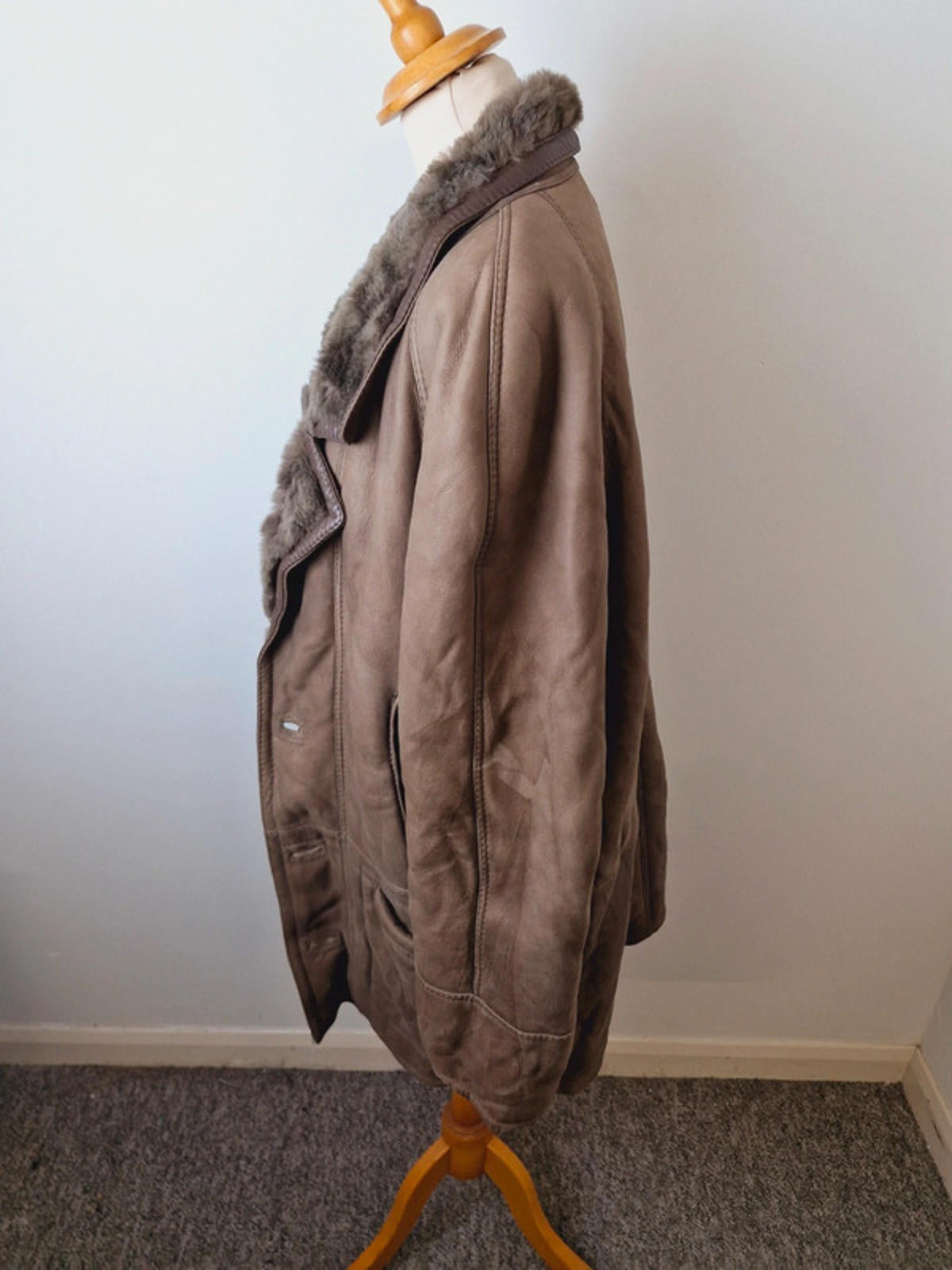 Mens Vintage Leather Suede Sheepskin Shearling Coat Jacket L