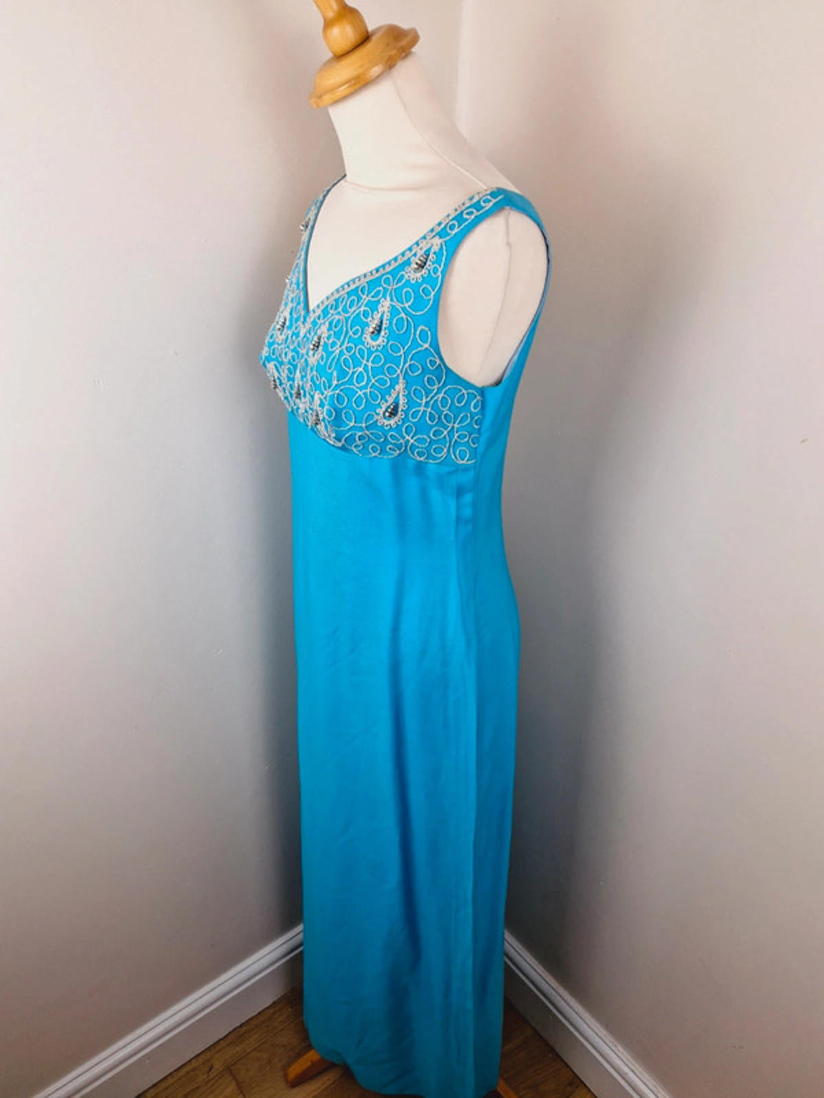 Womens Vintage 60s 1960s Turquoise Long Maxi Dress Embroidered Beaded S