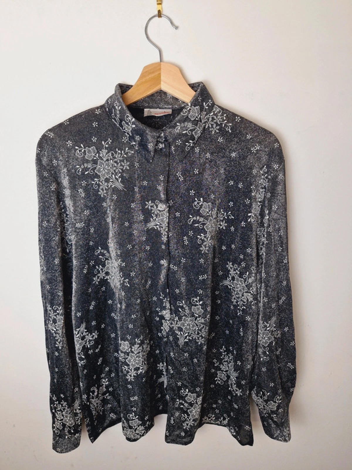 Womens Vintage Long Sleeve Metallic Silver Shirt Top Blouse L
