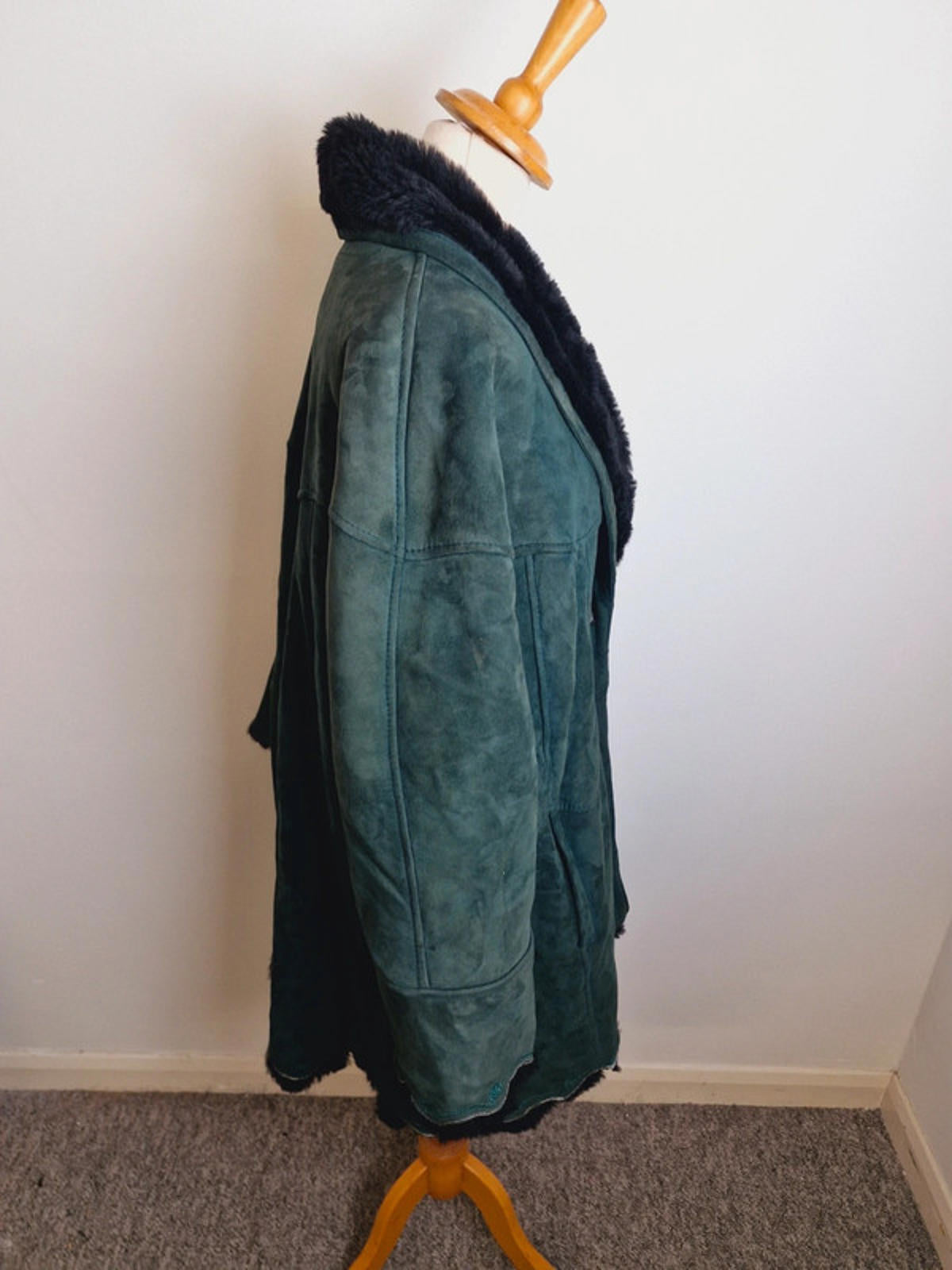 Womens Vintage Green Suede Sheepskin Shearling Coat Jacket Embroidered L UK16