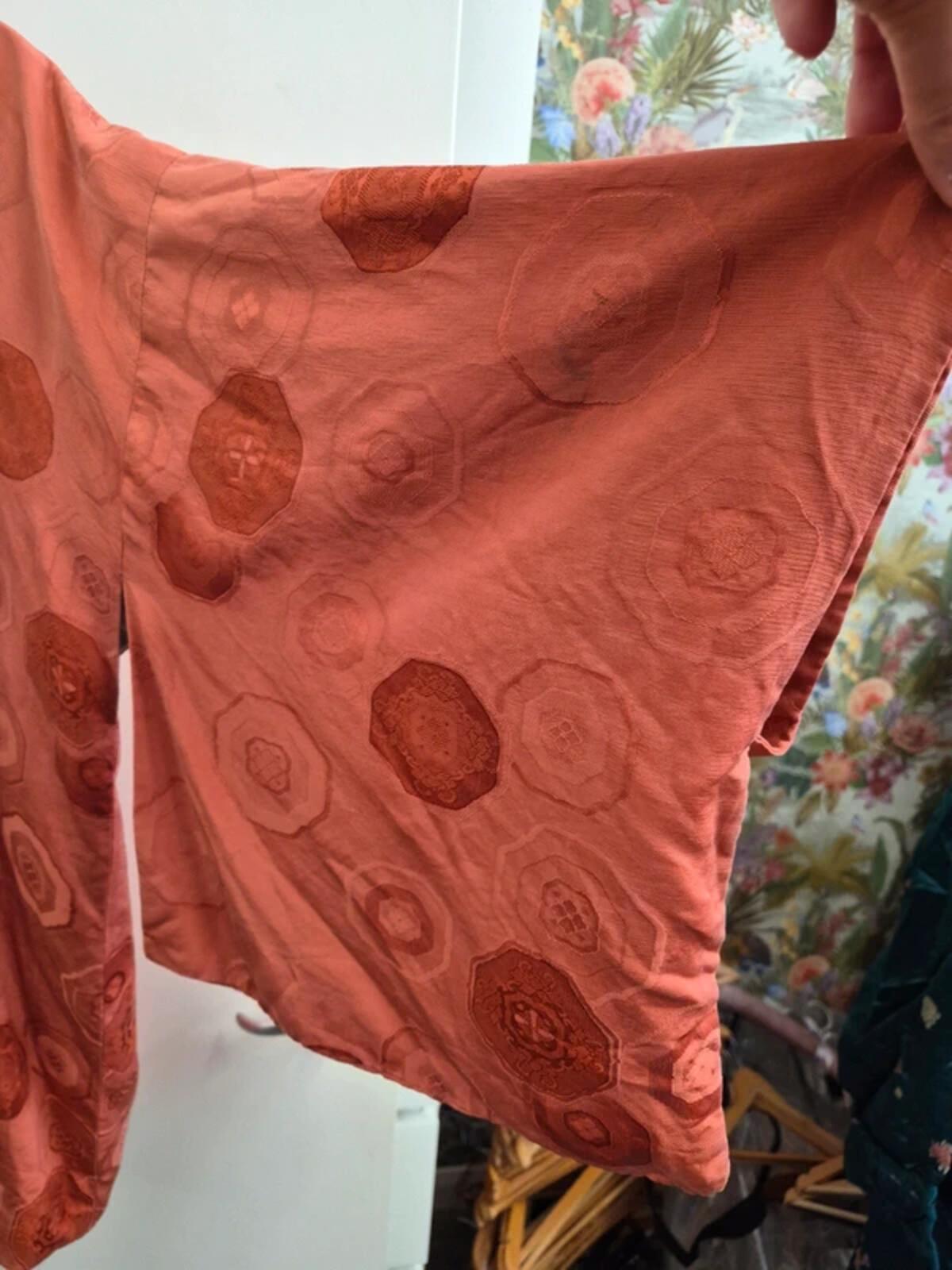 Vintage Silk Short Kimono Japanese Jacket Top Orange Wide Sleeve UK12 M