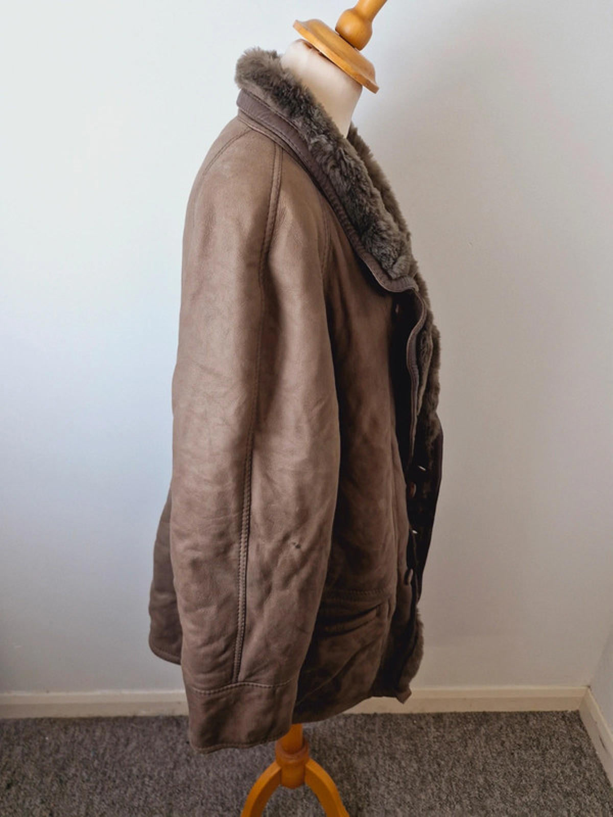 Mens Vintage Leather Suede Sheepskin Shearling Coat Jacket L