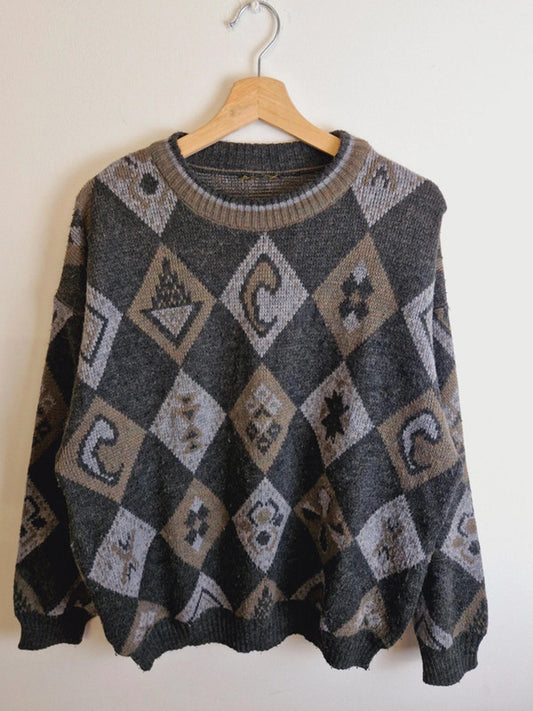 Mens Vintage Retro Round Neck Jumper Sweater XL