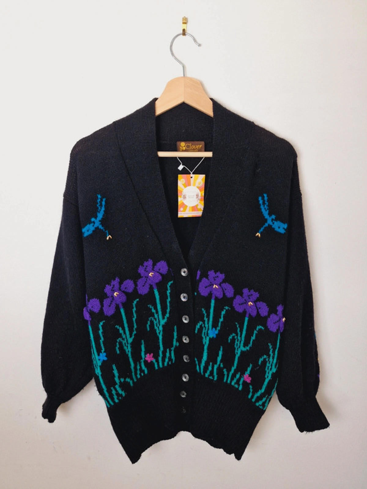 Womens Vintage Clover Wool Knitted Cardigan Jumper Black Dragonfly M