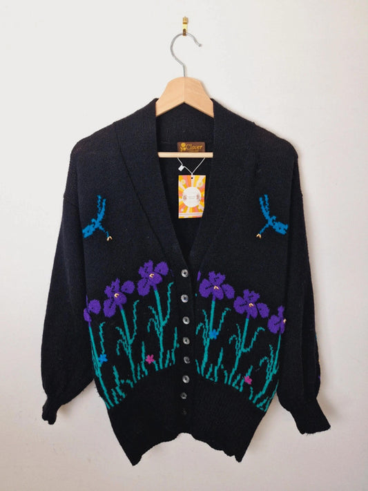 Womens Vintage Clover Wool Knitted Cardigan Jumper Black Dragonfly M