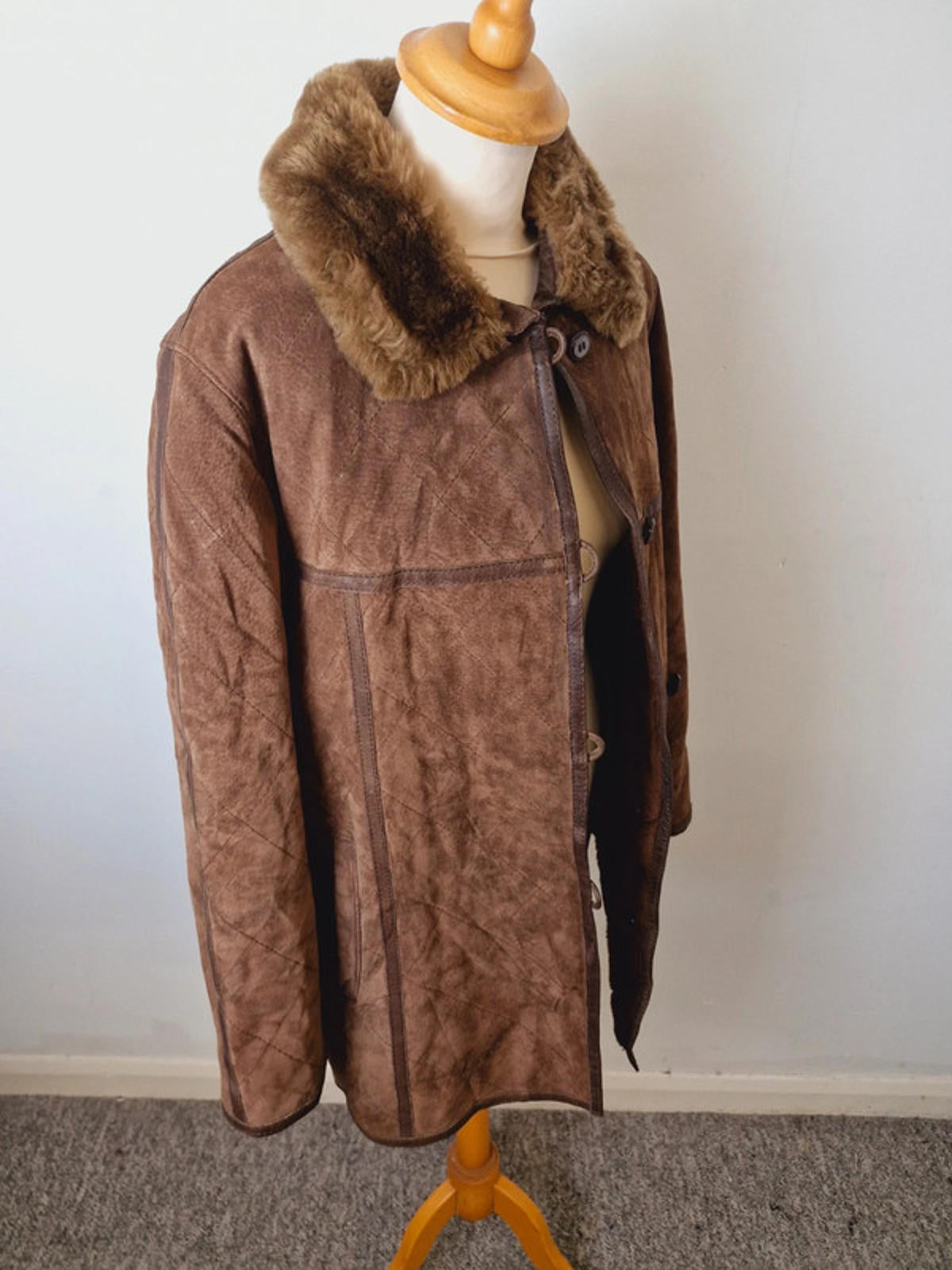 Womens Vintage Suede Leather Brown Quilted Jacket Coat M