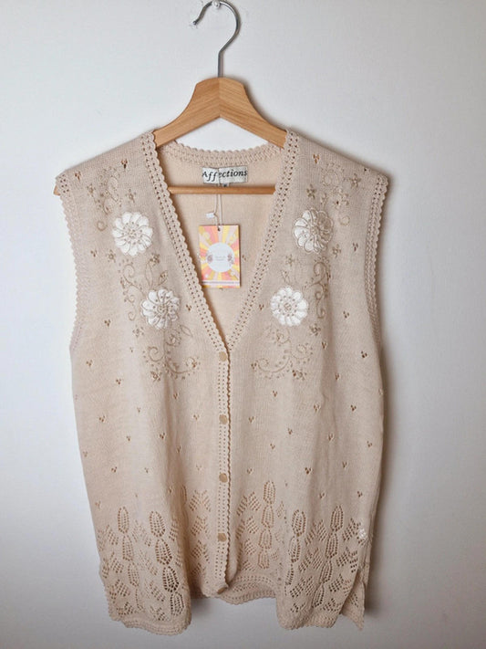 Womens Vintage Cream Waistcoat Gilet Sweater Vest Cardigan Cottagecore XL UK16