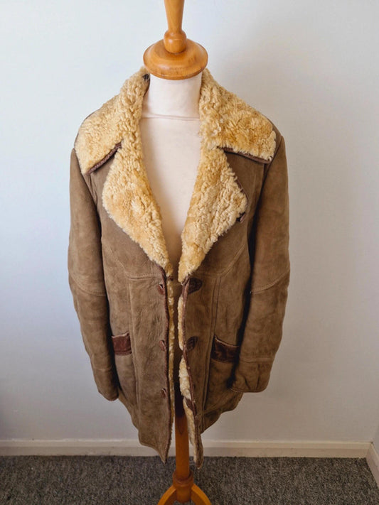 Mens Vintage 1970s 70s Suede Shearling Sheepskin Coat Jacket Leather M