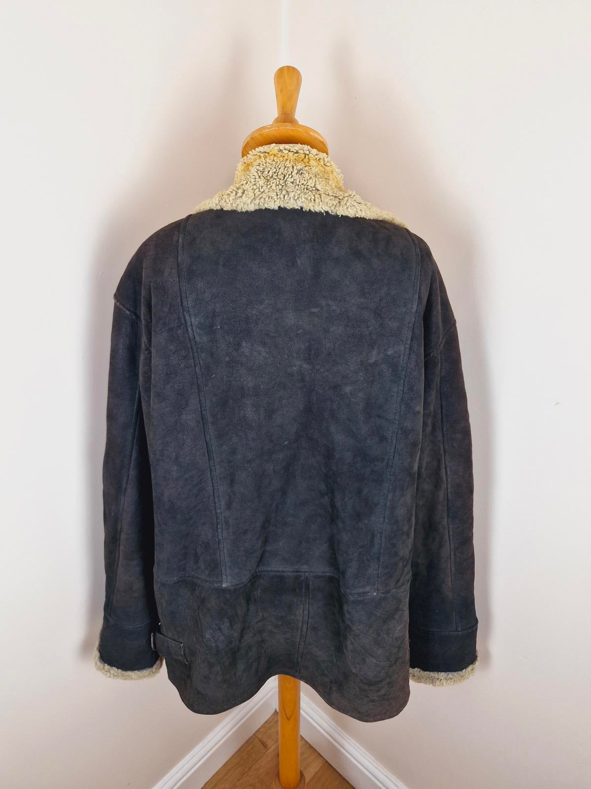Mens Black Sheepskin Bomber Jacket XXL