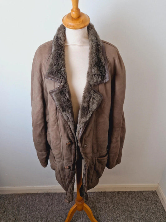 Mens Vintage Leather Suede Sheepskin Shearling Coat Jacket L