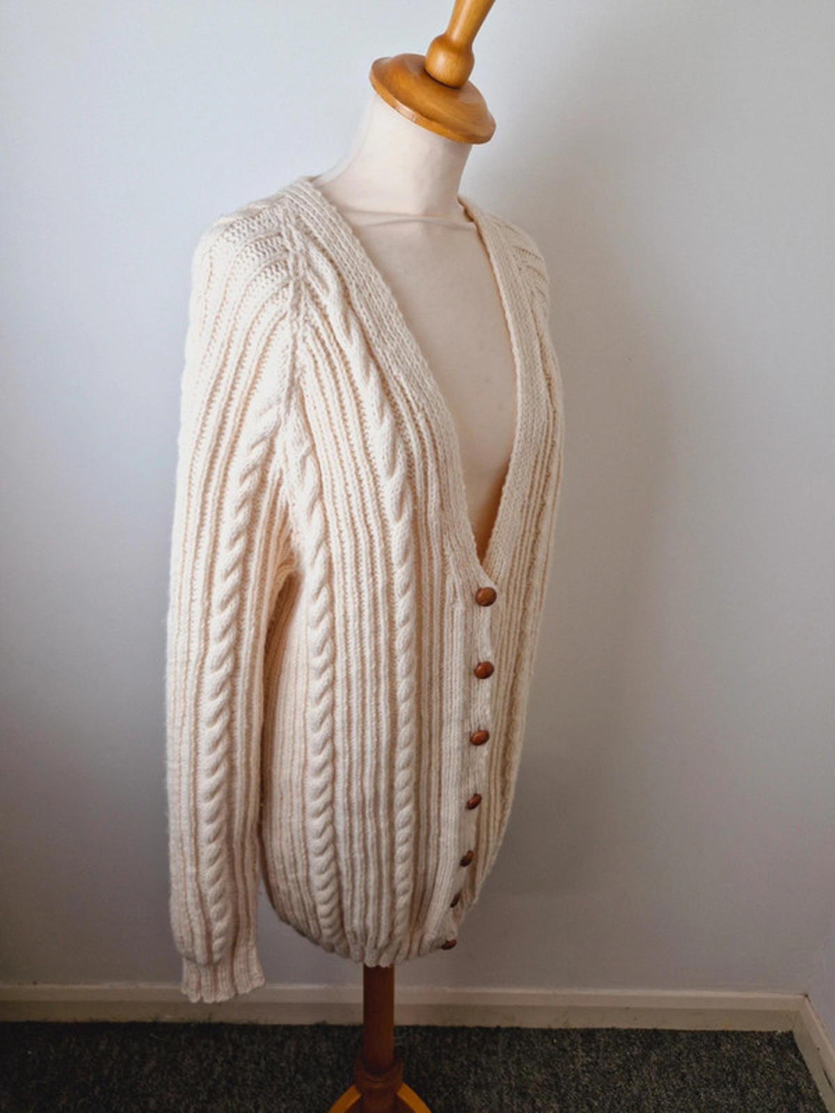 Womens Vintage Handknitted Knitted Cream Cable Knit Long Cardigan L UK16