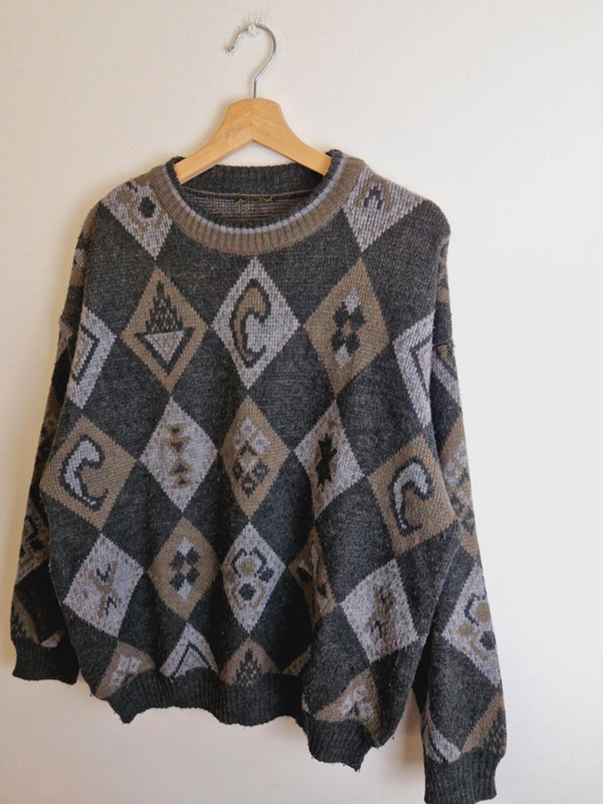 Mens Vintage Retro Round Neck Jumper Sweater XL