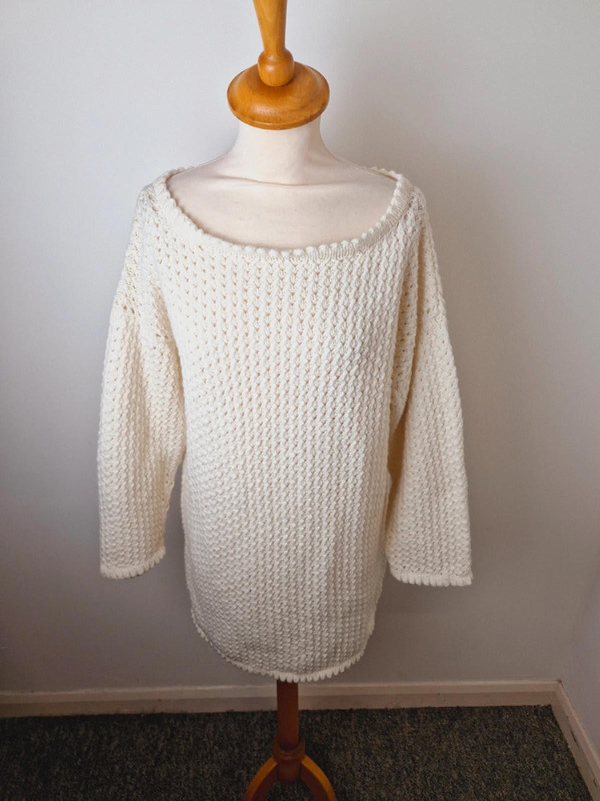 Womens Vintage Handknitted Knitted Cream Long Jumper Sweater Dress UK14 UK16 L