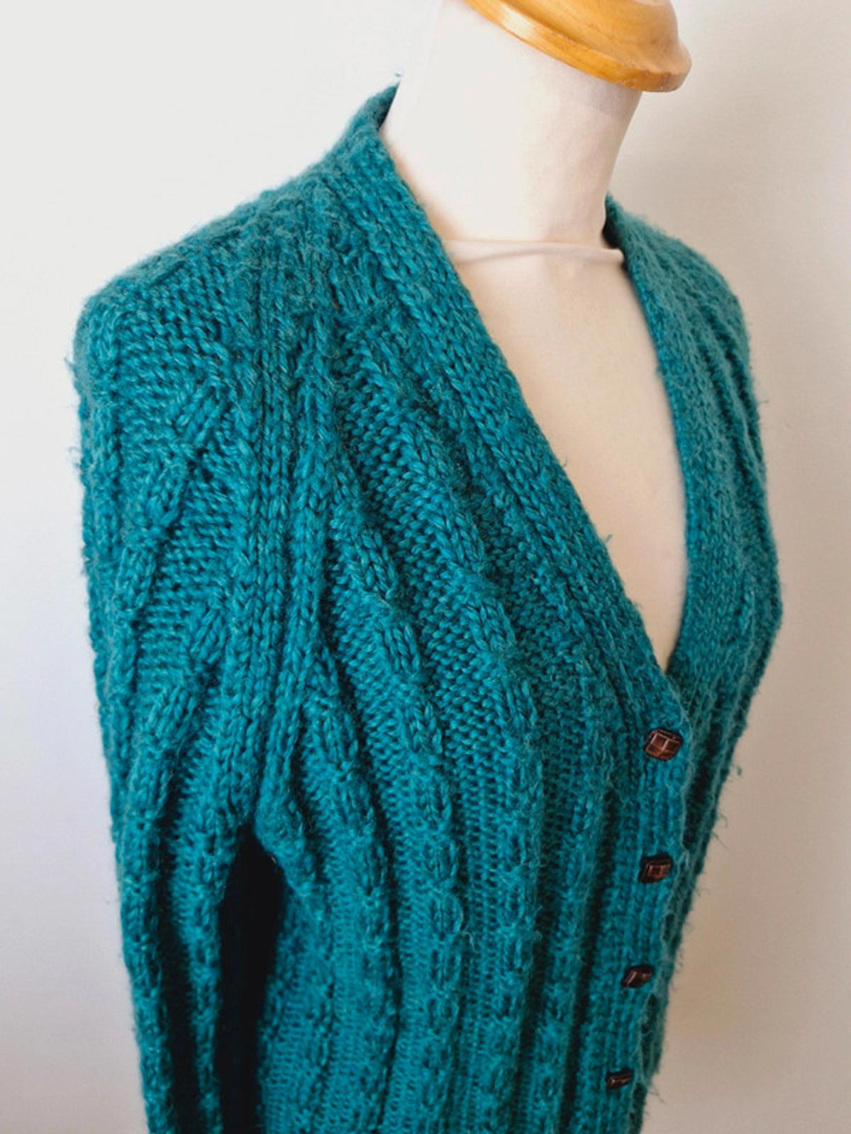 Womens Vintage Handknitted Knitted Long Cardigan Green Cable Knit M L UK14