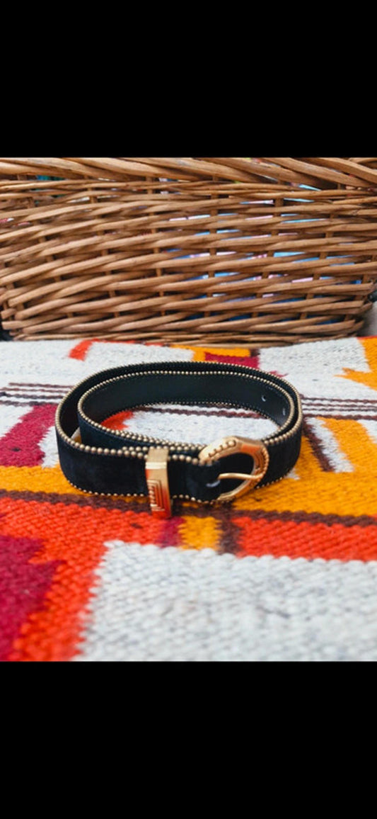 Womens Vintage Otto Glanz Leather Suede Black Gold Belt