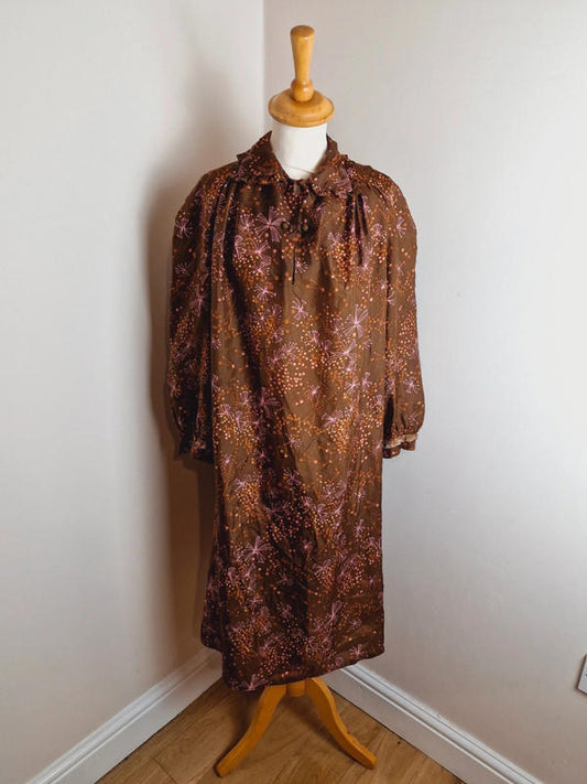 Womens Vintage 1970s 70s Handmade Dress Silk Midi Long Puff Sleeve Tunic XL