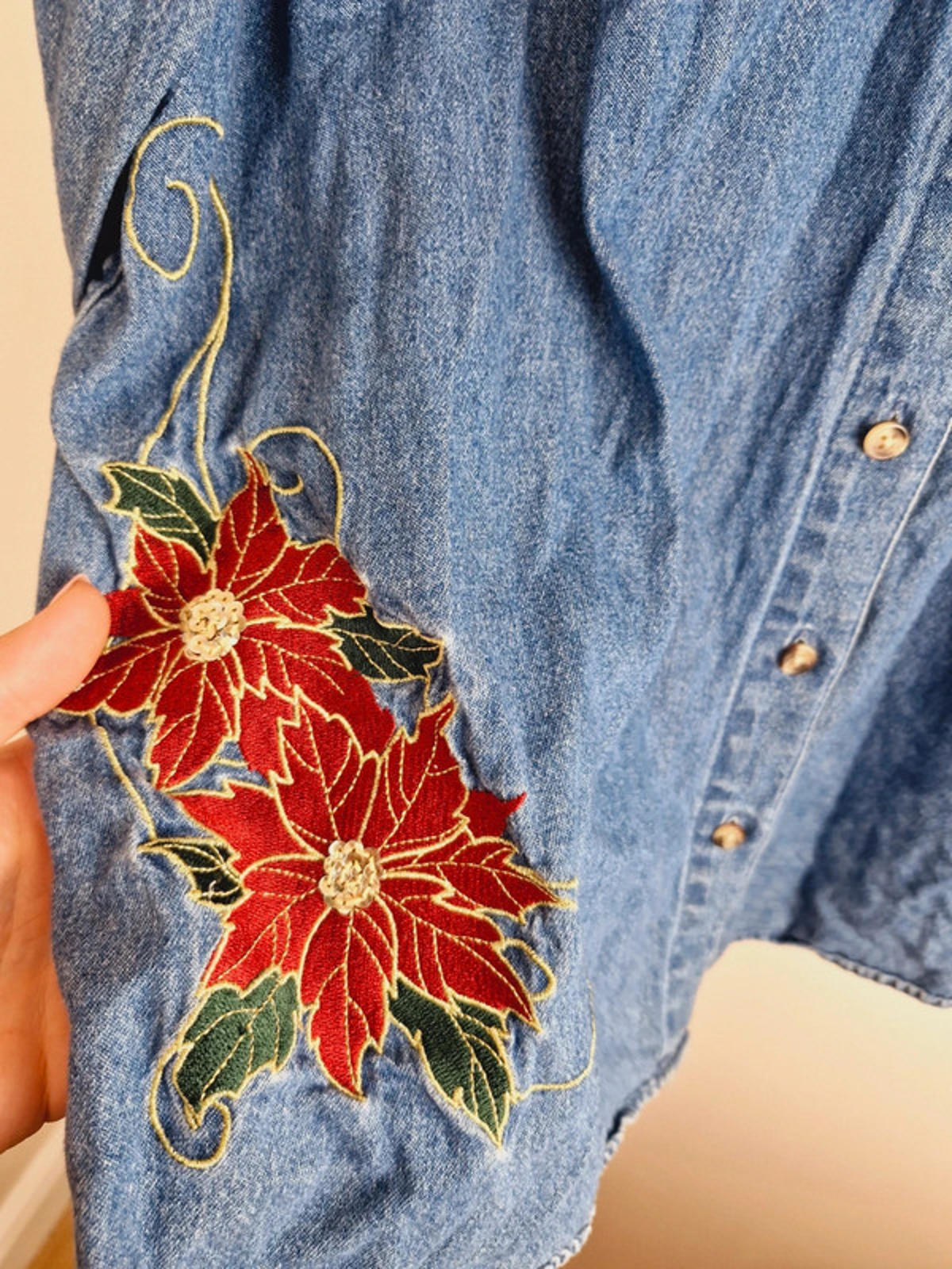 Womens Vintage Christmas Long Sleeve Embroidered Denim Shirt Top Blouse Cotton XL