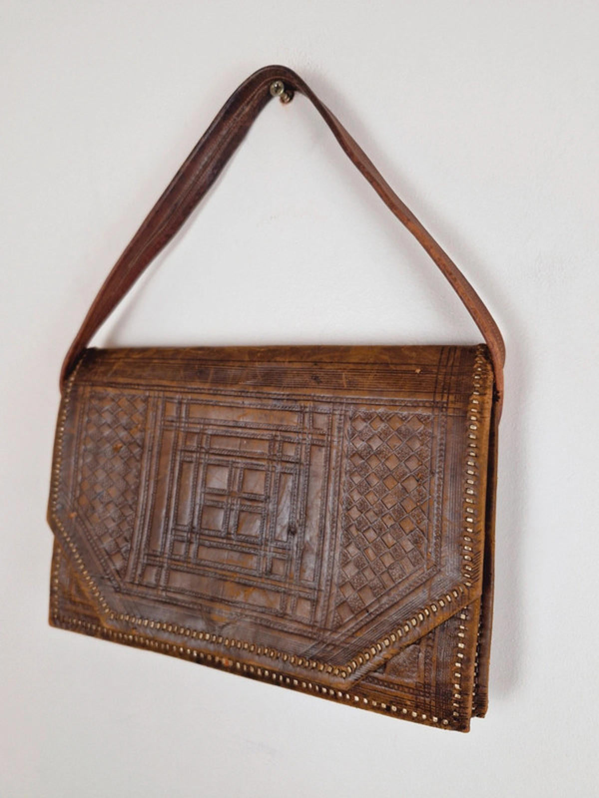 Womens Vintage 1950s 50s Leather Tooled Handbag Bag Unusual
