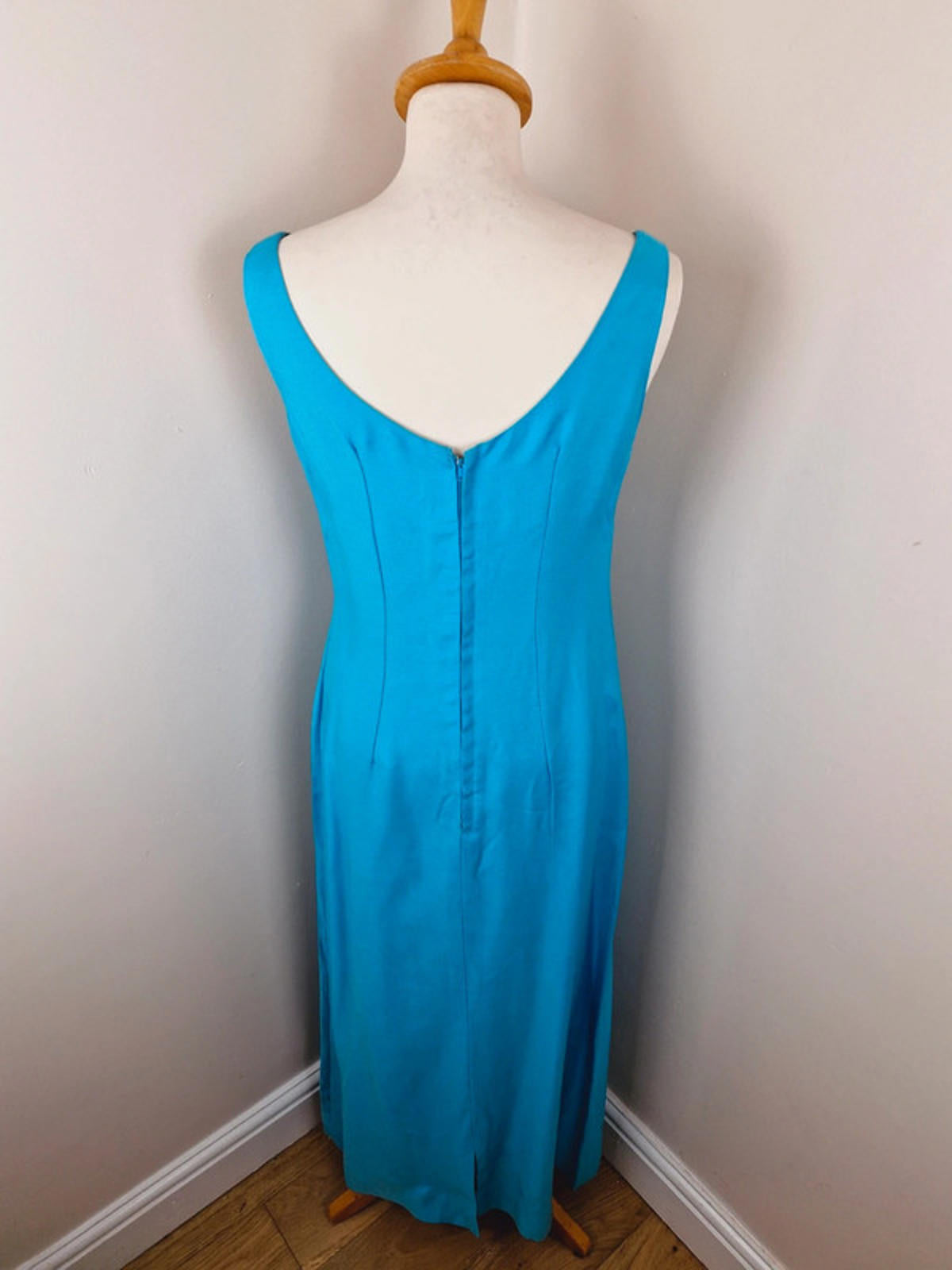 Womens Vintage 60s 1960s Turquoise Long Maxi Dress Embroidered Beaded S