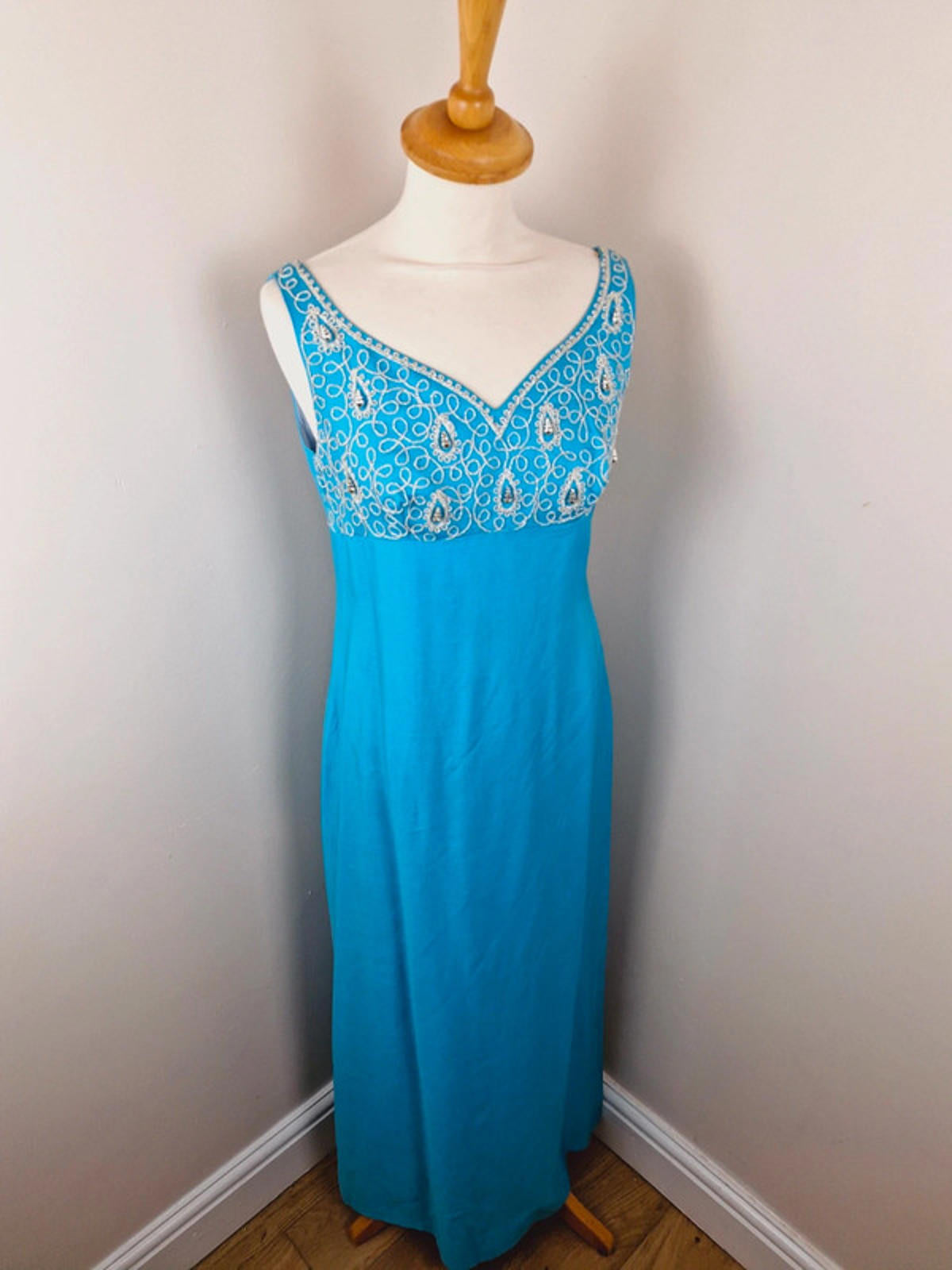 Womens Vintage 60s 1960s Turquoise Long Maxi Dress Embroidered Beaded S