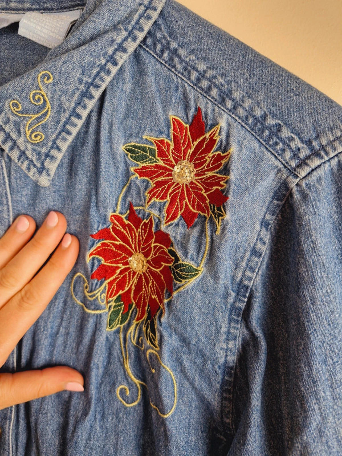 Womens Vintage Christmas Long Sleeve Embroidered Denim Shirt Top Blouse Cotton XL