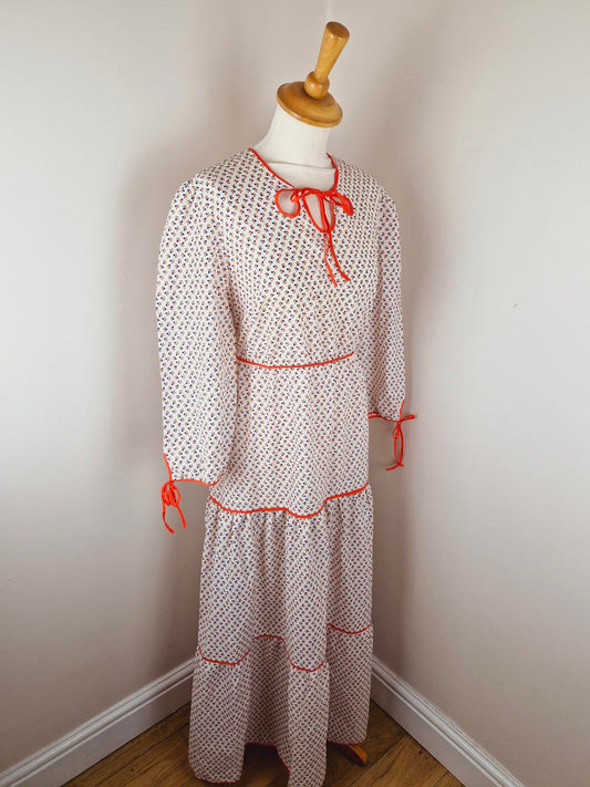 Womens Vintage 70s Long Maxi Long Sleeve Cherry Cottagecore Prairie Boho Dress L