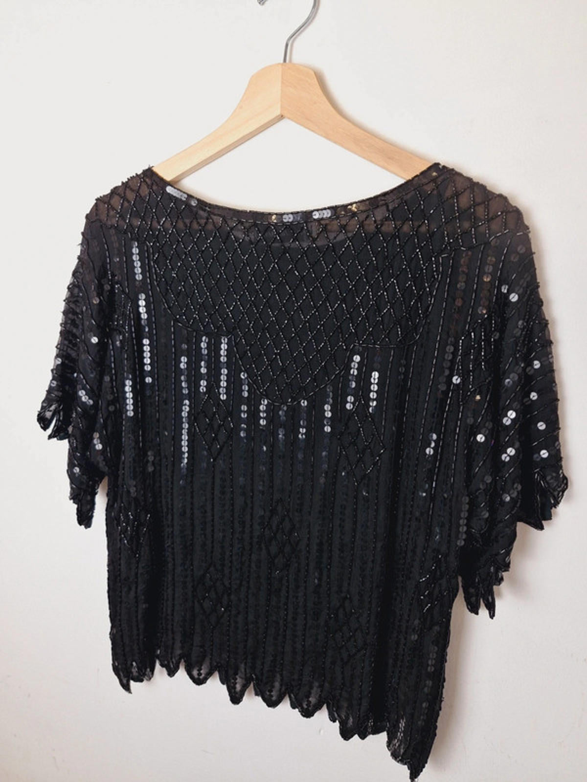 Womens Vintage Black Silk Sequin Beaded Top Blouse Festival M