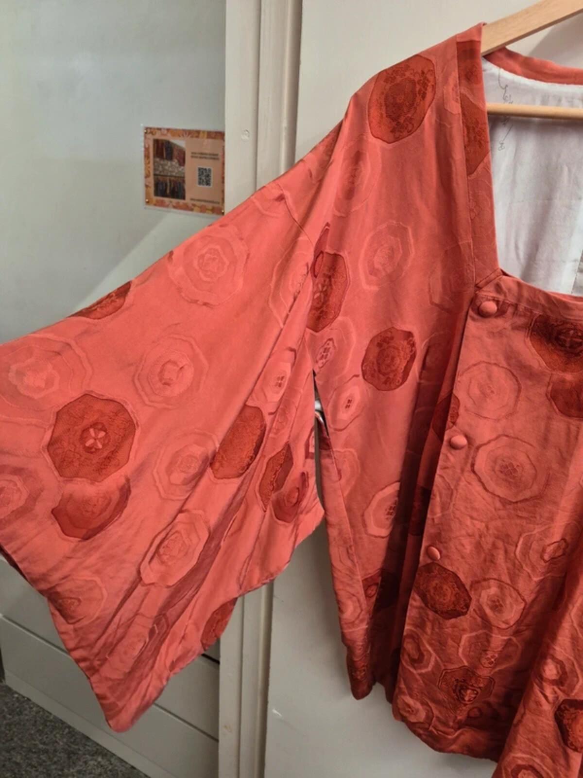 Vintage Silk Short Kimono Japanese Jacket Top Orange Wide Sleeve UK12 M