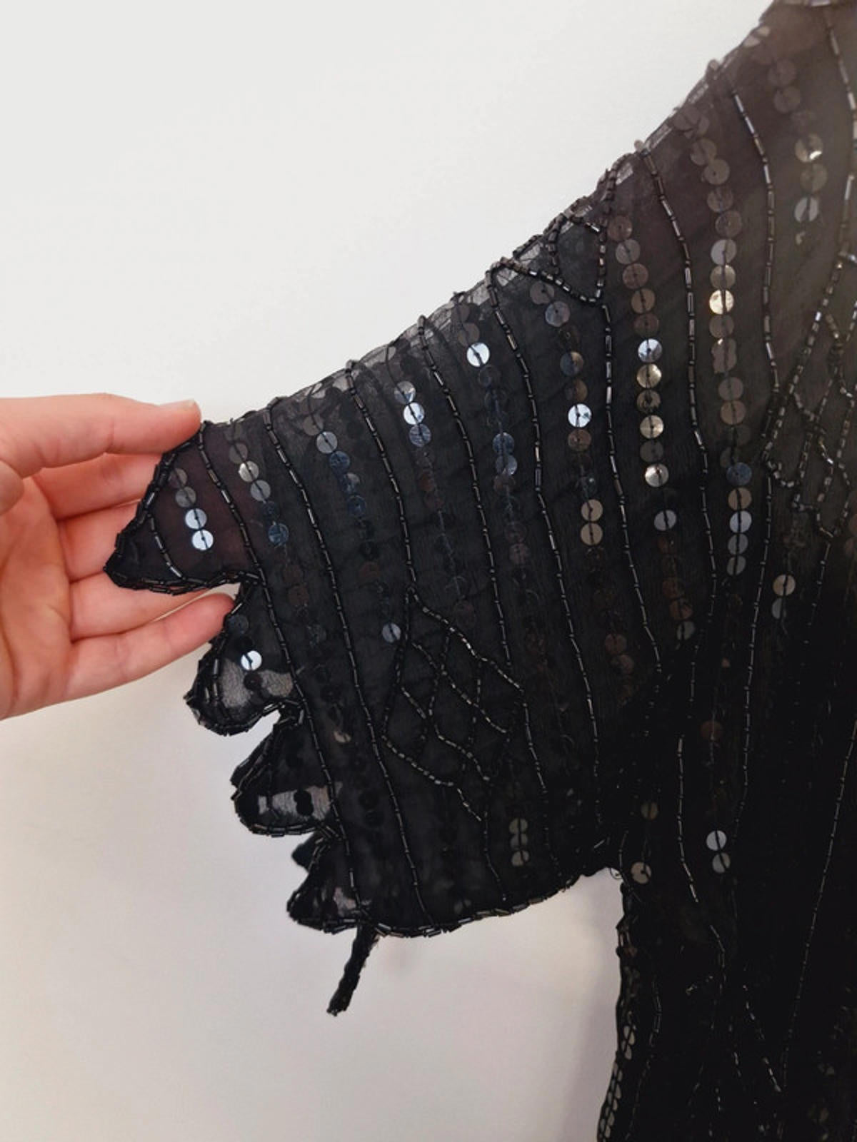 Womens Vintage Black Silk Sequin Beaded Top Blouse Festival M