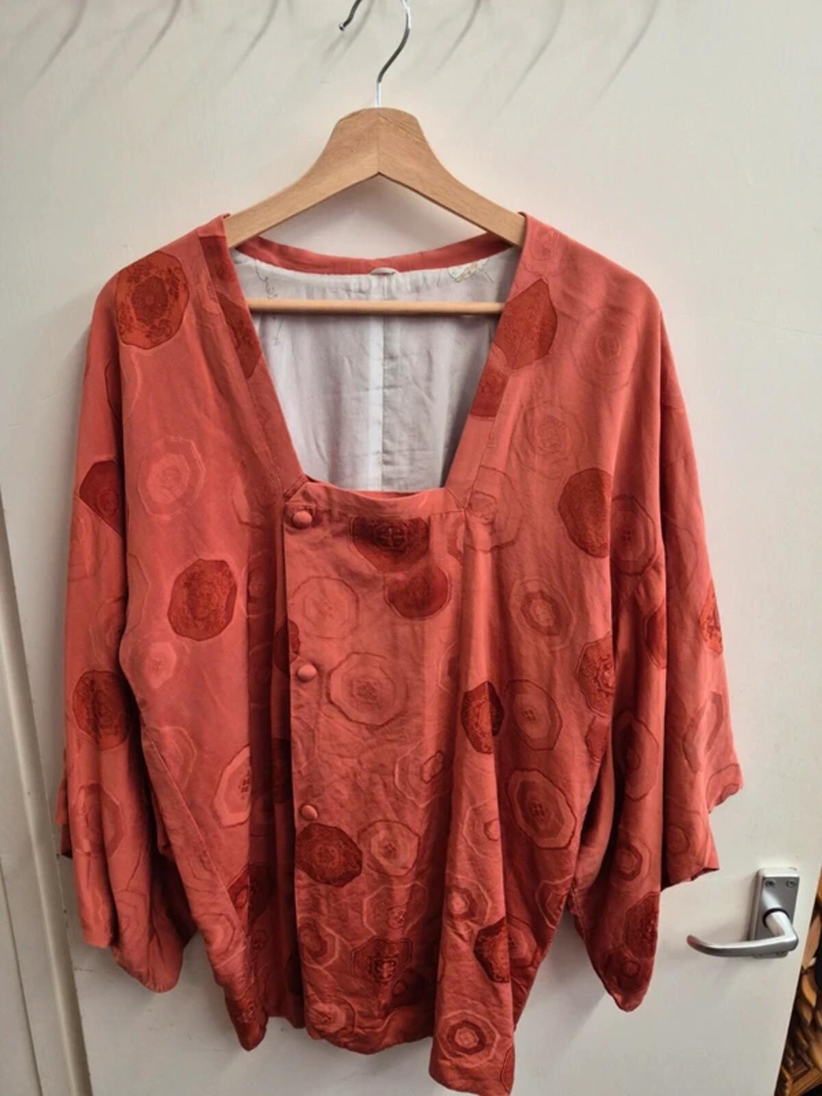 Vintage Silk Short Kimono Japanese Jacket Top Orange Wide Sleeve UK12 M