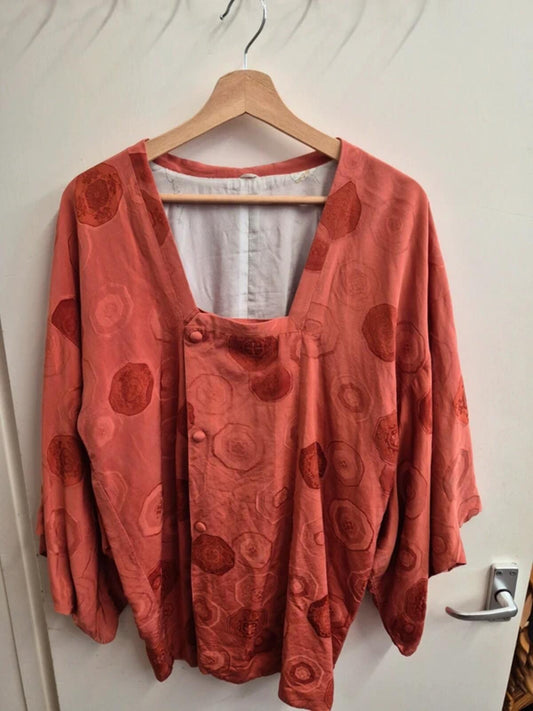 Vintage Silk Short Kimono Japanese Jacket Top Orange Wide Sleeve UK12 M