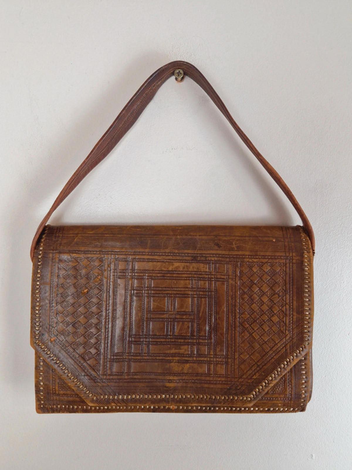 Womens Vintage 1950s 50s Leather Tooled Handbag Bag Unusual