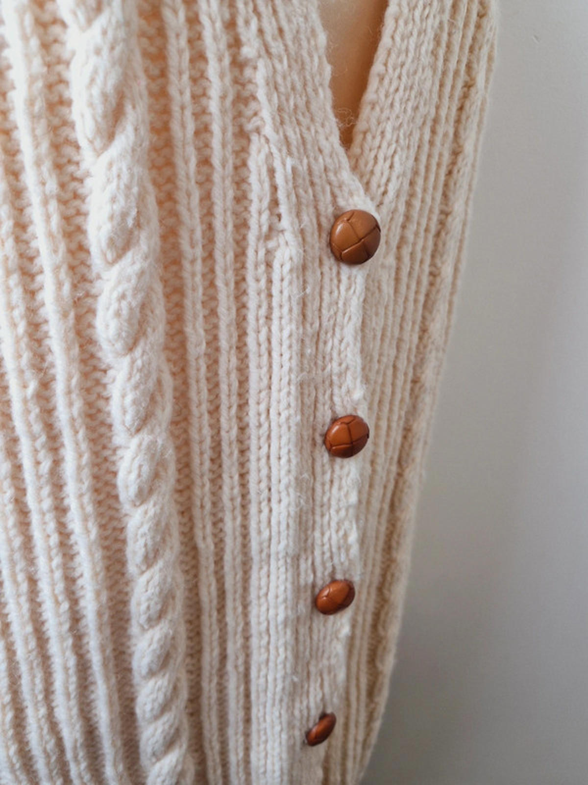 Womens Vintage Handknitted Knitted Cream Cable Knit Long Cardigan L UK16
