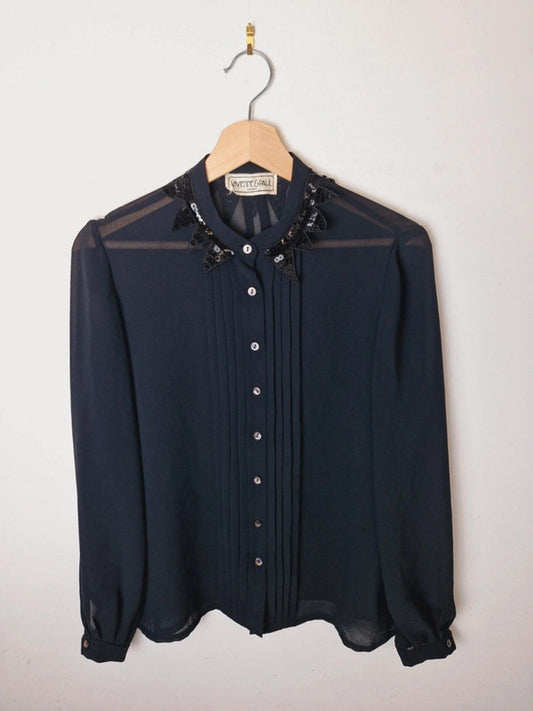 Womens Vintage Long Black Sleeve Sheer Shirt Top Blouse M