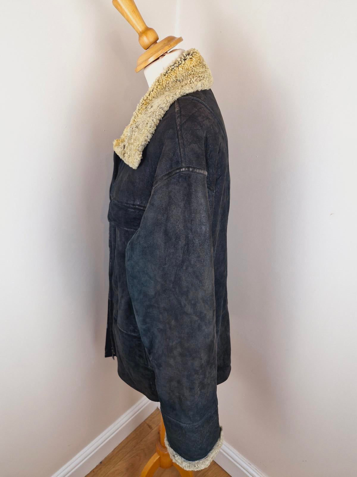 Mens Black Sheepskin Bomber Jacket XXL