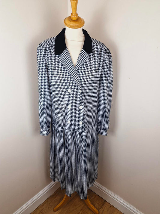 Vintage 80s Midi Long Dogtooth Black White Dress Velvet Shirtdress XL