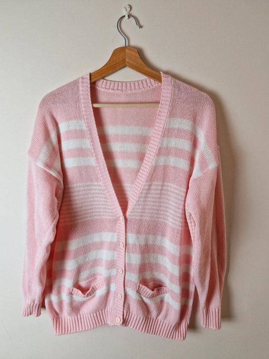 Womens Vintage Pink Striped Cardigan Jumper Knitwear UK16