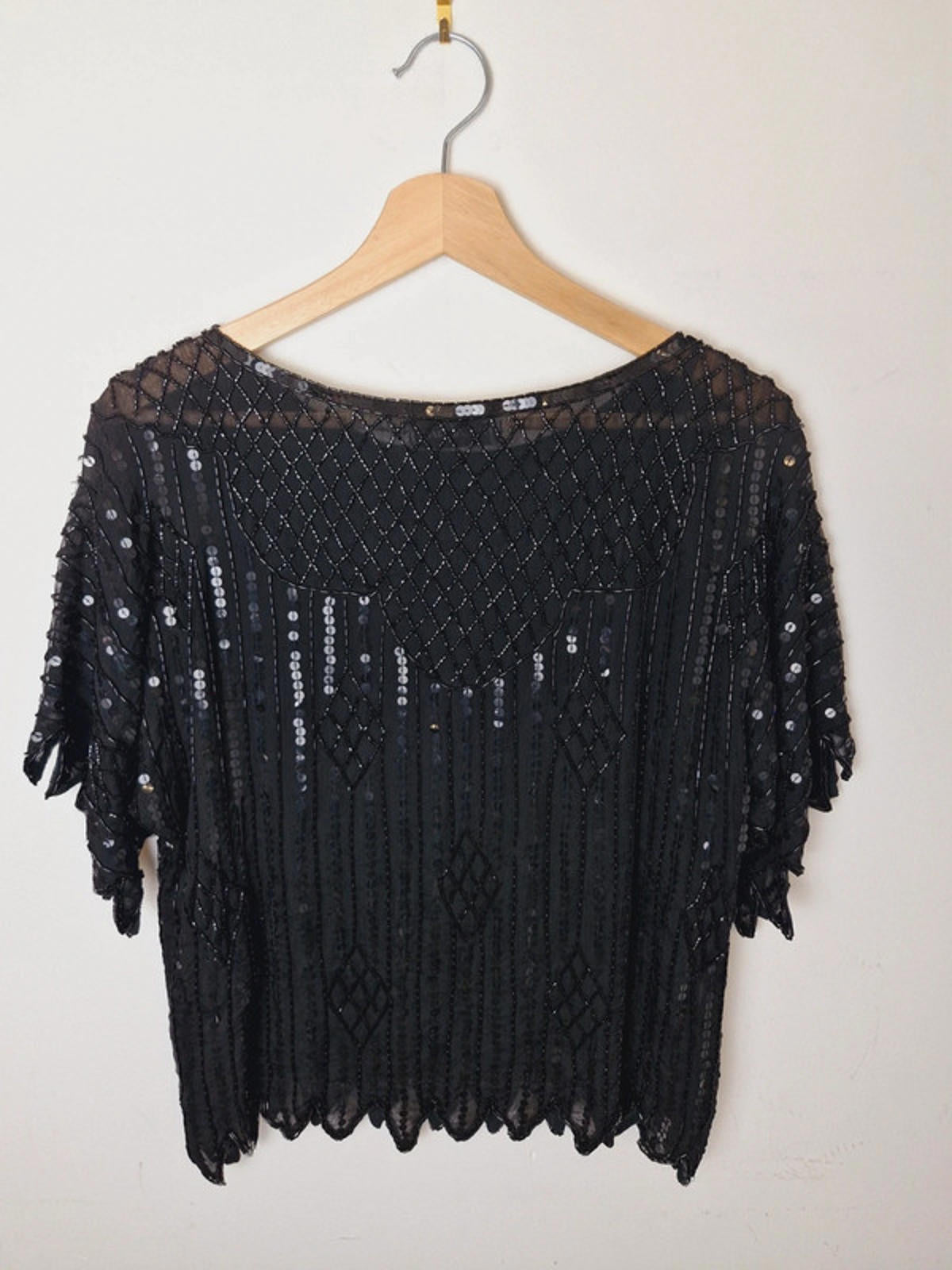 Womens Vintage Black Silk Sequin Beaded Top Blouse Festival M