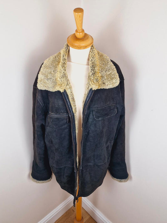 Mens Black Sheepskin Bomber Jacket XXL