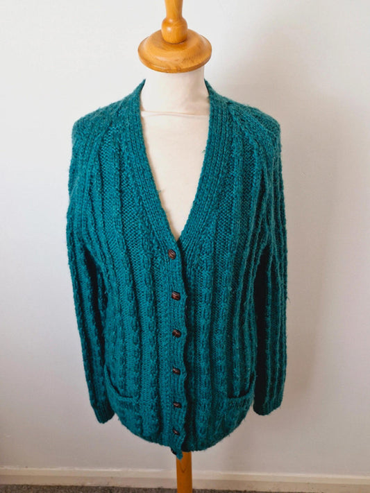 Womens Vintage Handknitted Knitted Long Cardigan Green Cable Knit M L UK14